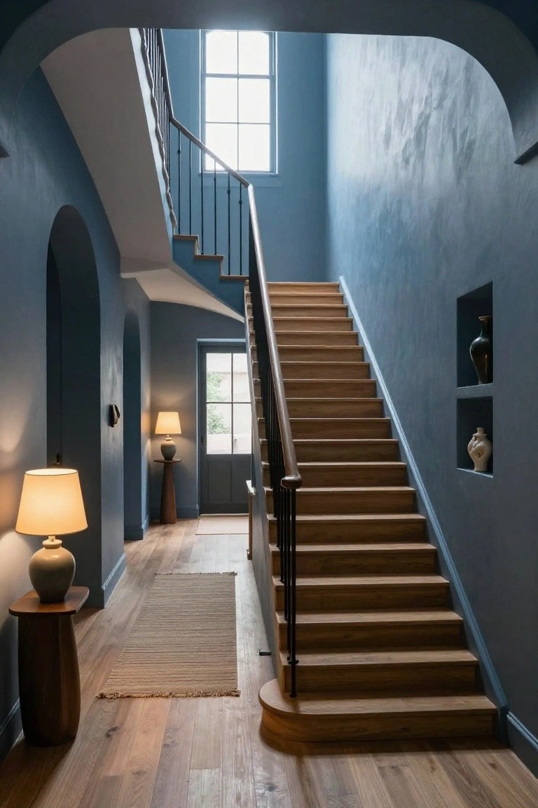 Tall interior foyer with deep blue walls, curved wooden staircase with black metal railing, arched doorways, oak flooring, side tables with ceramic lamps and vases, and a hallway leading to a green door.