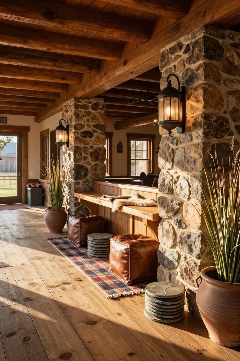 Long rustic interior foyer featuring exposed wooden beams on the ceiling, stone pillars, wooden counter with fur throw, leather poufs, potted grasses, lanterns, and wood plank floors.