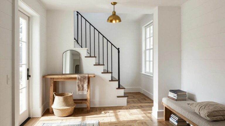 Long interior foyer with white shiplap walls, black metal open staircase with wood treads, two gold pendant lights, wooden console table topped with books and vase next to a mirror and door, beige runner rug on oak floors.