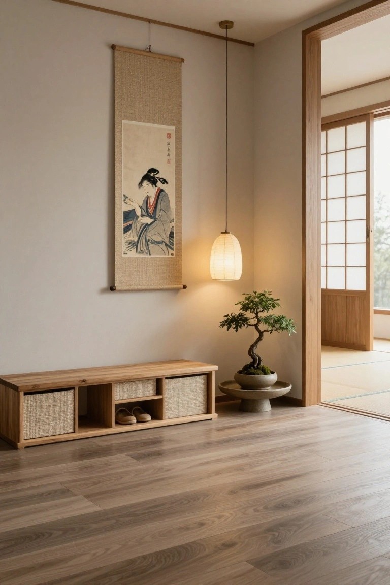 Wooden low bench with rattan storage baskets and shoes inside sits against a beige wall in a minimalist room with wood floors, a bonsai plant, hanging scroll artwork, paper lantern light, and open sliding door to tatami area.