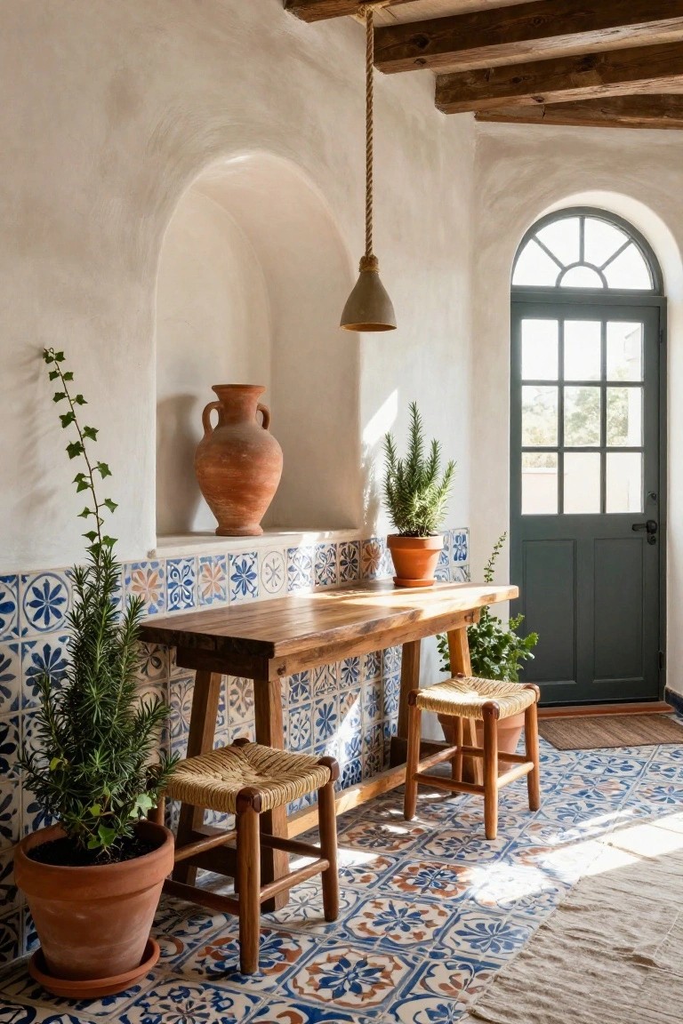 White stucco interior wall with arched niche containing terracotta vase and ivy, blue and white patterned tile backsplash behind wooden console table with stools and potted rosemary plants, green door, and terracotta floor tiles.