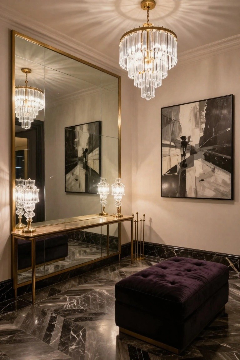 Long narrow interior foyer with large vertical gold-framed mirror, brass console table holding two crystal lamps, purple tufted bench, tiered crystal chandelier, abstract black-and-white artwork on beige wall, and black marble herringbone floor.
