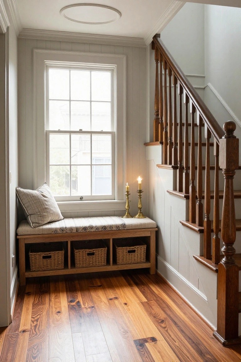 Light gray paneled foyer interior featuring a wooden bench seat with linen cushion and three wicker storage baskets underneath, positioned by a large multi-pane window, brass candlesticks with lit candles, wooden staircase, and heart pine flooring.