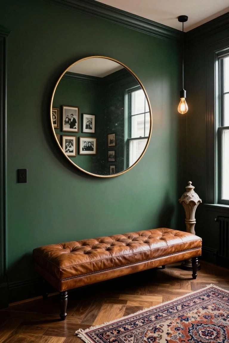 A corner of a deep green-walled interior with a large gold-framed round mirror surrounded by small black-and-white photo frames, a tufted brown leather bench below it, an ornate pedestal sculpture, a patterned rug on herringbone wood flooring, and a pendant bulb light.