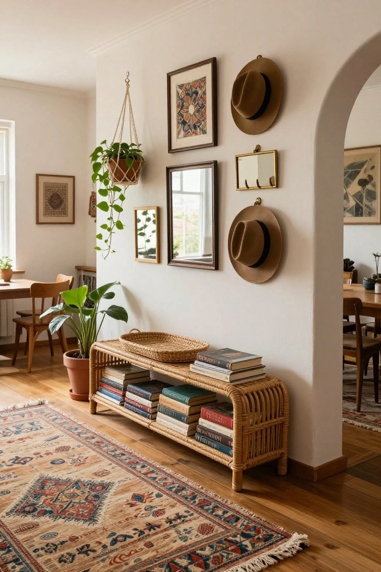Long white-walled foyer with wooden floors, rattan bench holding stacked books and a basket, potted plants, hanging hats and art on walls, and an archway to a dining area.