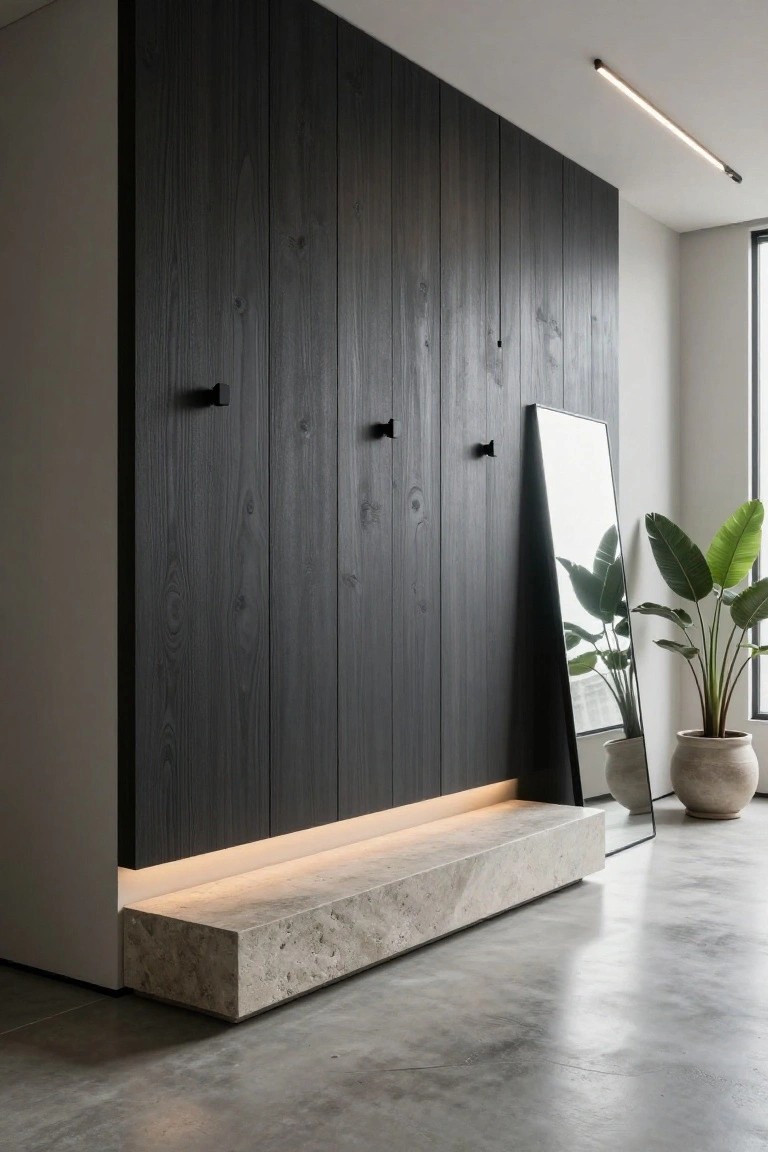 Tall black slatted wood wardrobe wall with integrated LED base lighting and marble bench in a modern interior with full-length mirror, potted banana plant, and polished concrete floor.