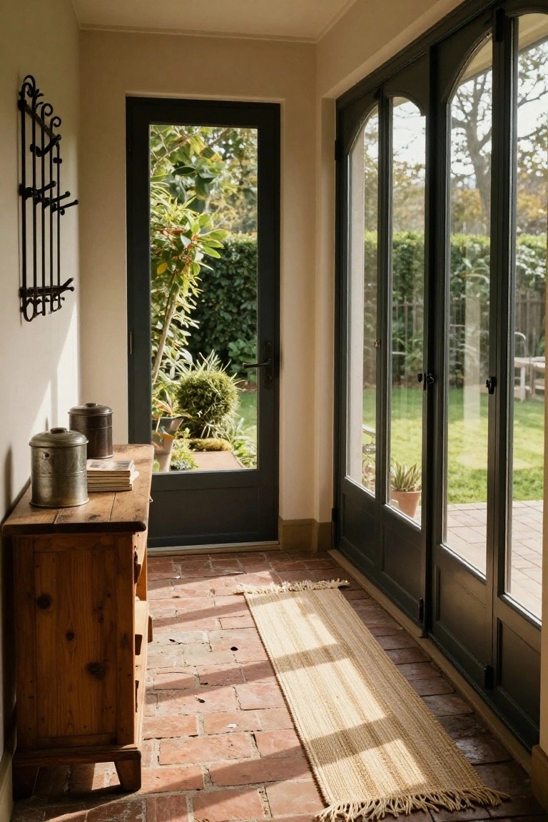 Narrow interior hallway with terracotta brick floor tiles covered partly by a beige seagrass runner rug, wooden console table holding metal tins and stacked books, black metal coat rack on cream wall, and arched black-framed glass doors opening to a lush garden.