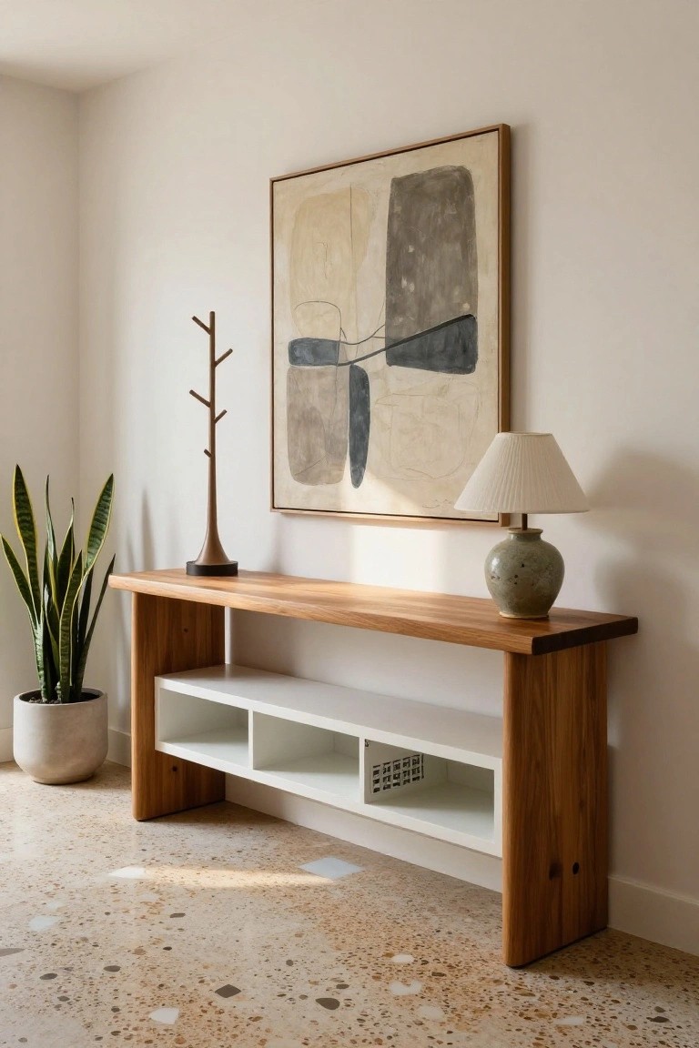 Light wooden console table with open white shelving against a white wall in a foyer, topped with a ceramic vase, lamp, and coat rack on a base, snake plant in a white pot nearby, abstract tan and gray painting above, terrazzo floor below.