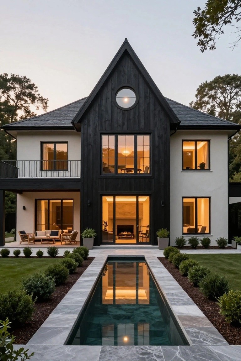 A two-story modern house with black wood cladding on the gables and sides, white stucco walls, large windows, a balcony, glass doors opening to a patio with furniture, and a long narrow reflecting pool edged in gray stone amid manicured hedges and lawn.