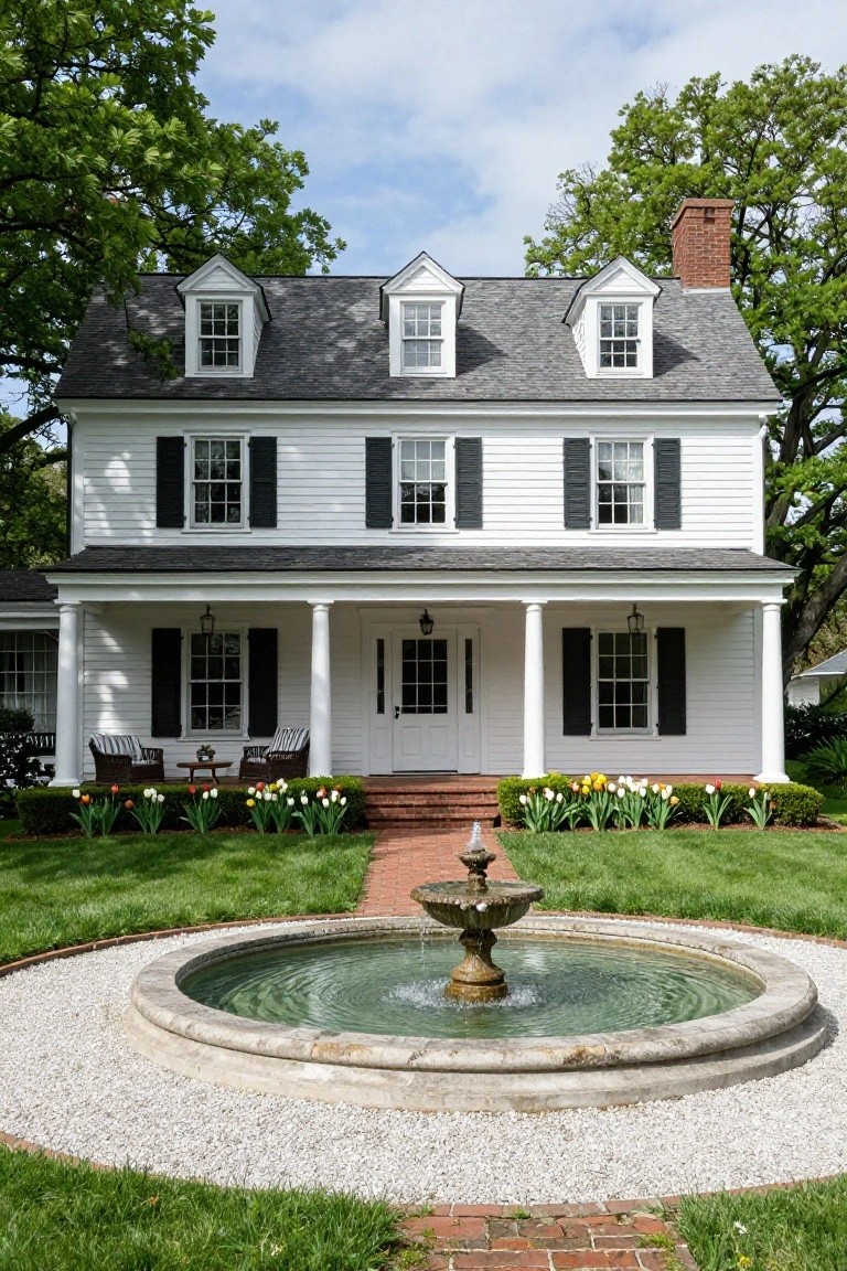 White clapboard house with black shutters, gabled slate roof, brick chimney, columned front porch with wicker furniture, brick entry steps, tulip flower beds, stone fountain, gravel surround, and green lawn under oak trees.