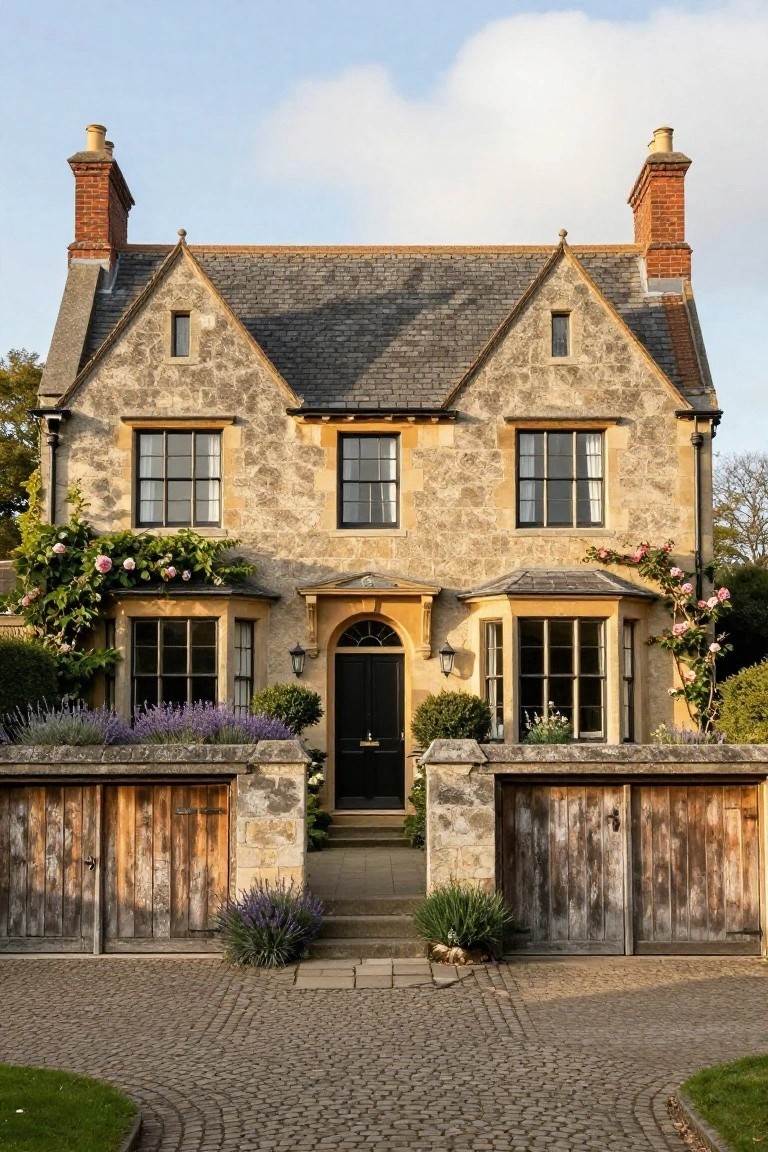 Front view of a two-story gabled stone house with slate roof, tall narrow windows, central bay window and arched black door, flanked by wooden gates, lavender plants, and pink climbing roses on the walls.