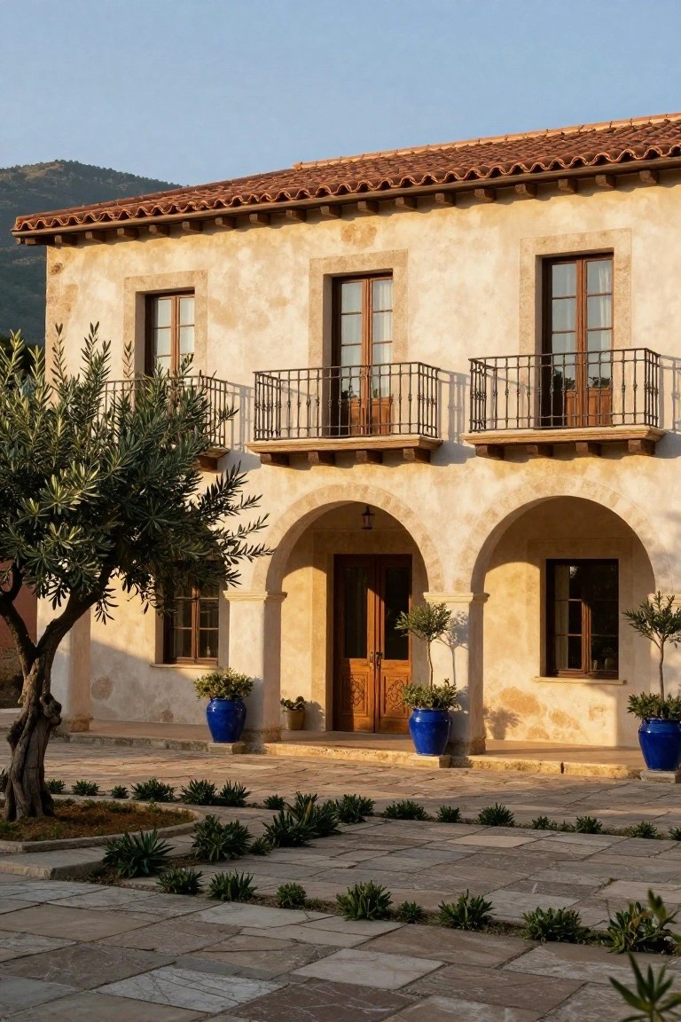 Two-story beige stucco house with terracotta tile roof, wrought iron balconies on upper windows, double wood doors under paired arches, olive trees, potted plants in blue ceramic pots, and stone paving in front with distant mountains.