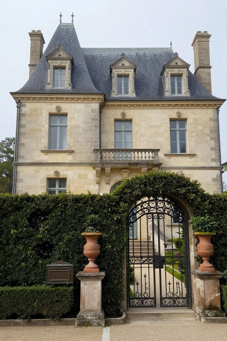 Front exterior of a beige stone French-style chateau with steep slate roofs, dormer windows, and chimneys, approached through tall green hedges arching over a black wrought-iron gate flanked by terracotta urns on pedestals.