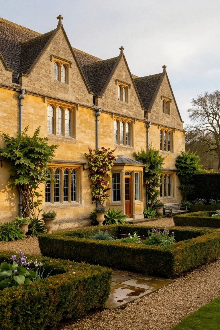 Two-story yellow stone house with steep gabled roofs topped by crosses, Gothic arched windows, a small covered porch with wooden door, flanked by plants and boxwood hedges in gravel garden beds.