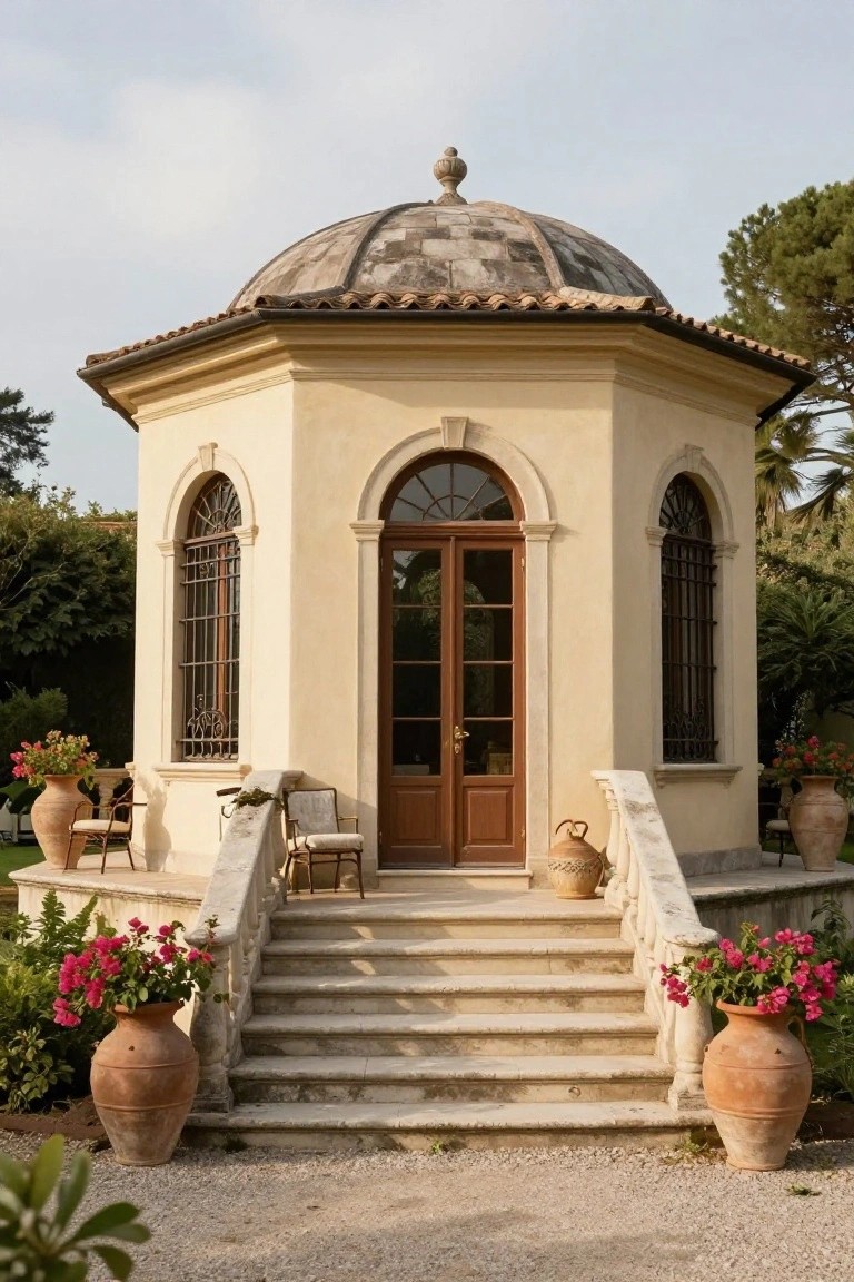 Beige octagonal stucco pavilion with dome roof and terracotta tiles, arched windows with wrought iron grilles, double brown wooden doors, approached by wide stone steps with balustrade, flanked by large terracotta pots with pink flowers, gravel courtyard, surrounding trees and plants.