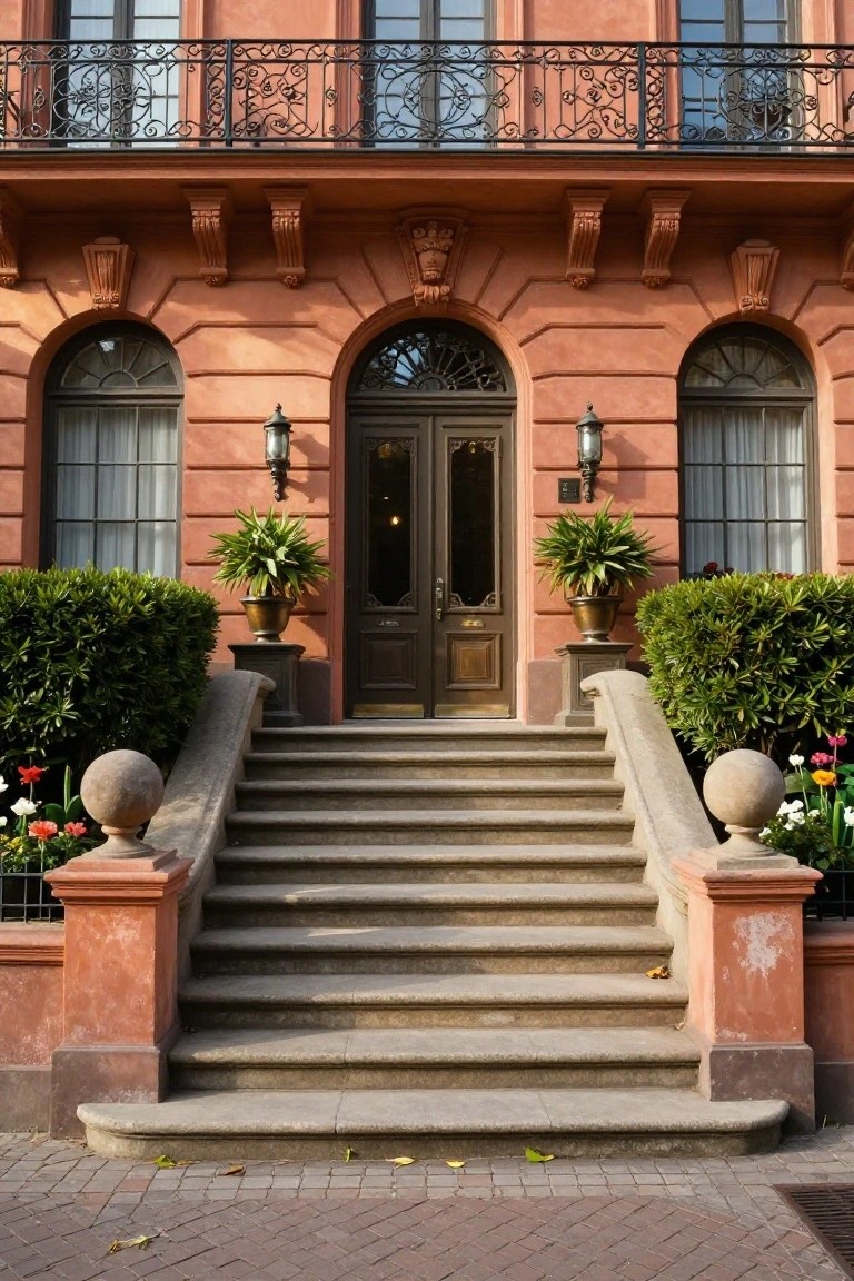Terracotta townhouse facade with double dark wood doors, arched windows with curtains, potted plants on pedestals flanking the steps, wide light gray stone staircase with balustrades and stone spheres at the ends, leading from brick pavement.