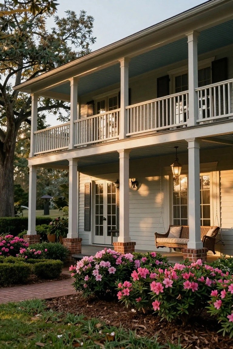 Two-story white clapboard house with deep wraparound porch, white columns, blue-painted porch ceiling, balcony railing, wicker porch swing with cushions, French doors, lantern lights, pink azalea bushes, brick path, and oak trees in the yard at sunset.