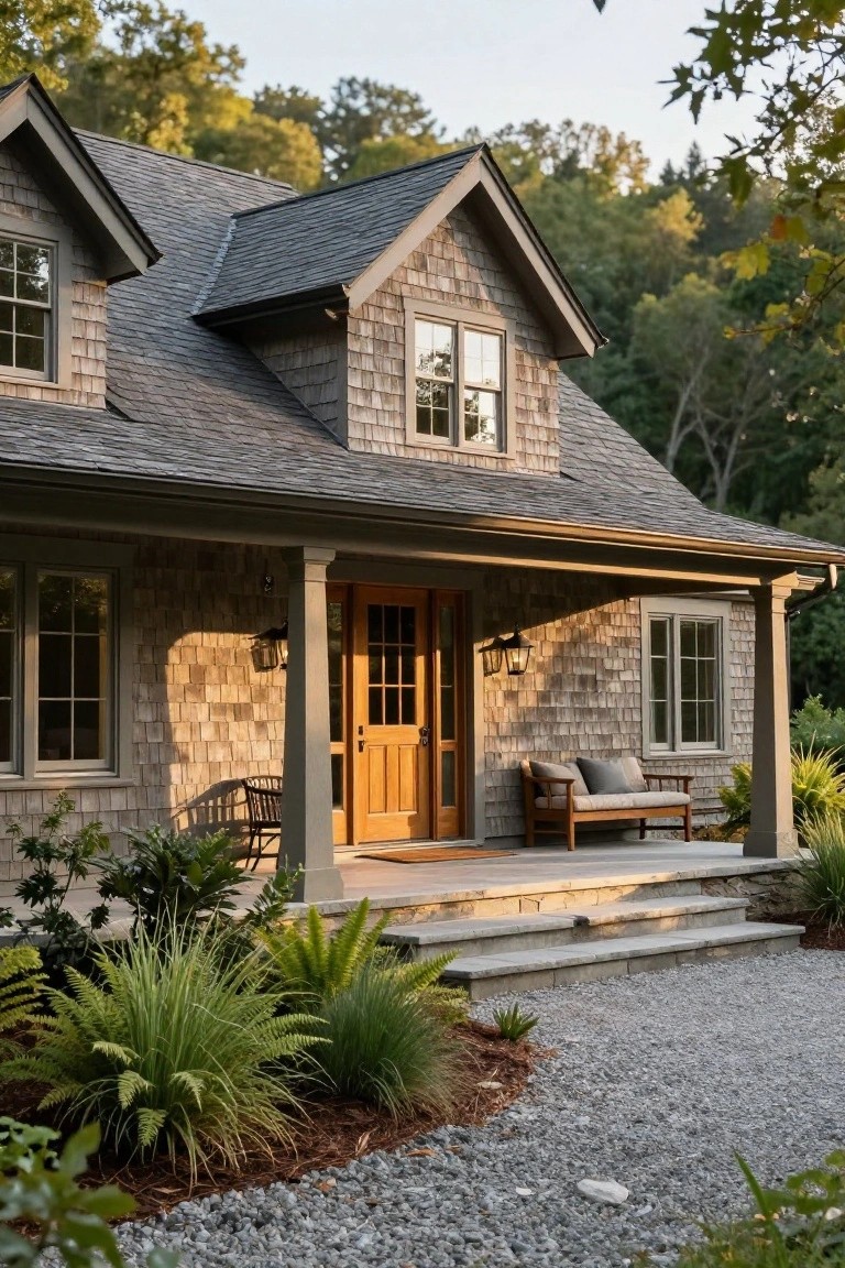 Front exterior of a shingle-style house with gray shake siding, covered porch supported by columns, wooden door, bench and chair on the porch, steps, gravel driveway, and surrounding plants and trees.