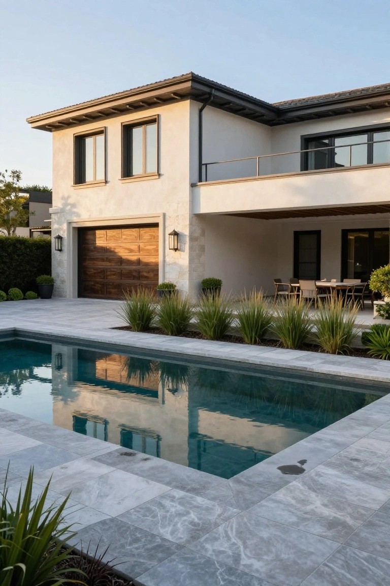 White stucco house with open wooden garage door, covered patio holding a wooden dining table and chairs, rectangular turquoise pool with gray stone decking edged by tall grasses and potted plants.