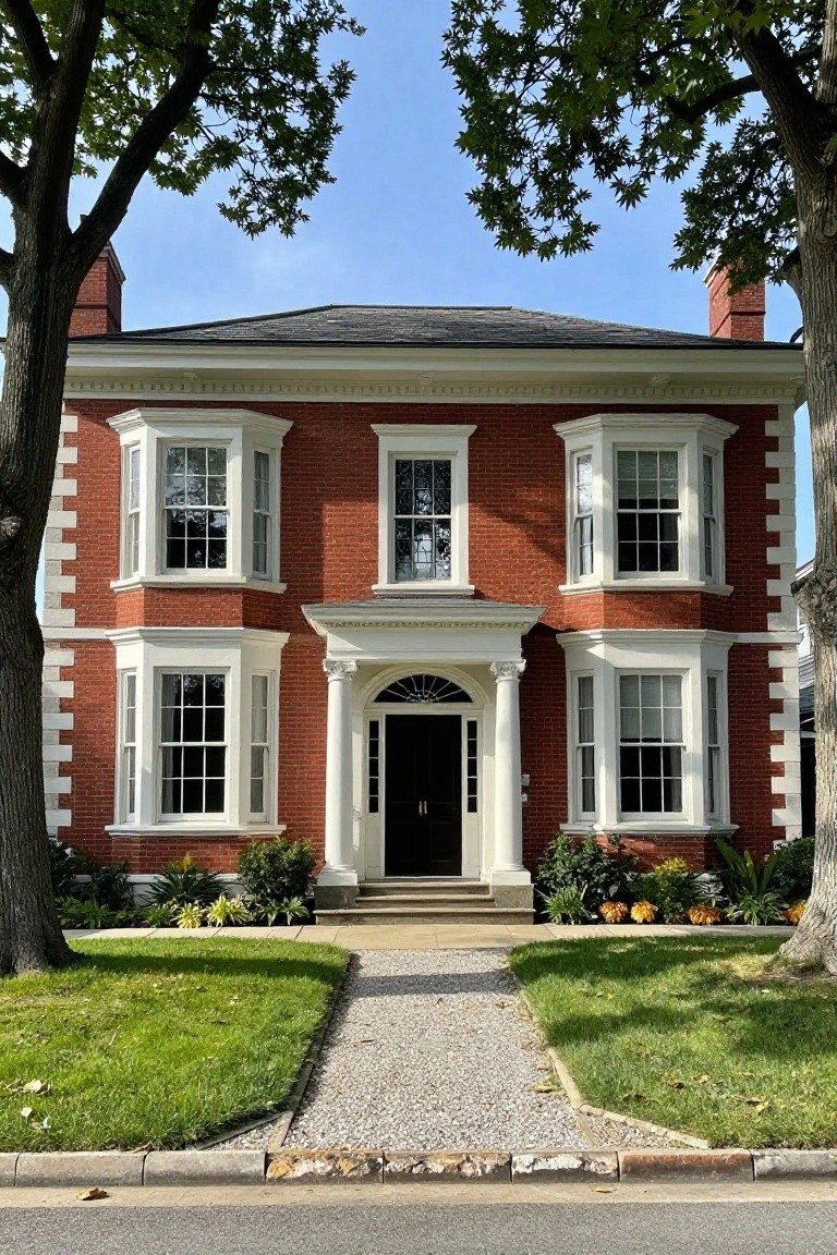 Red brick house with white trim, bay windows on sides, columned porch at dark wood front door, flanked by large trees and landscaped yard with gravel path.