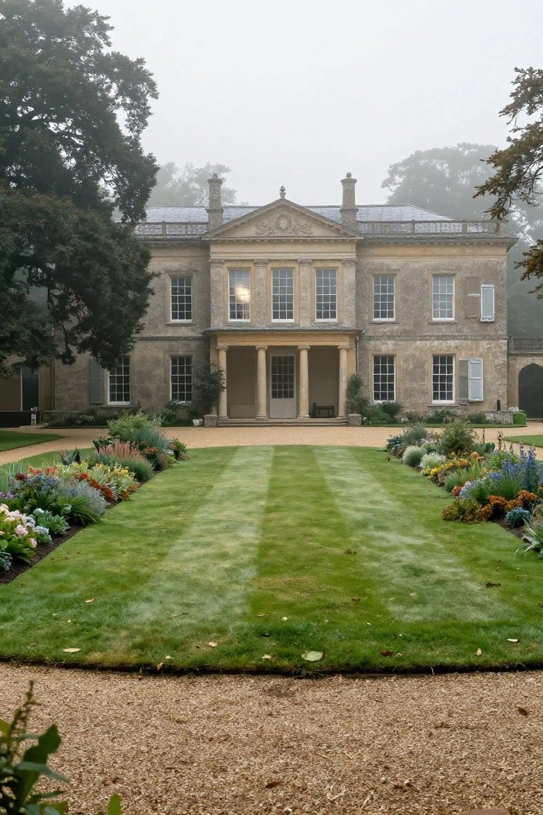 Beige stone Georgian mansion with central pedimented portico, symmetrical sash windows, flanked by large trees and formal flower beds on a gravel drive in misty weather.