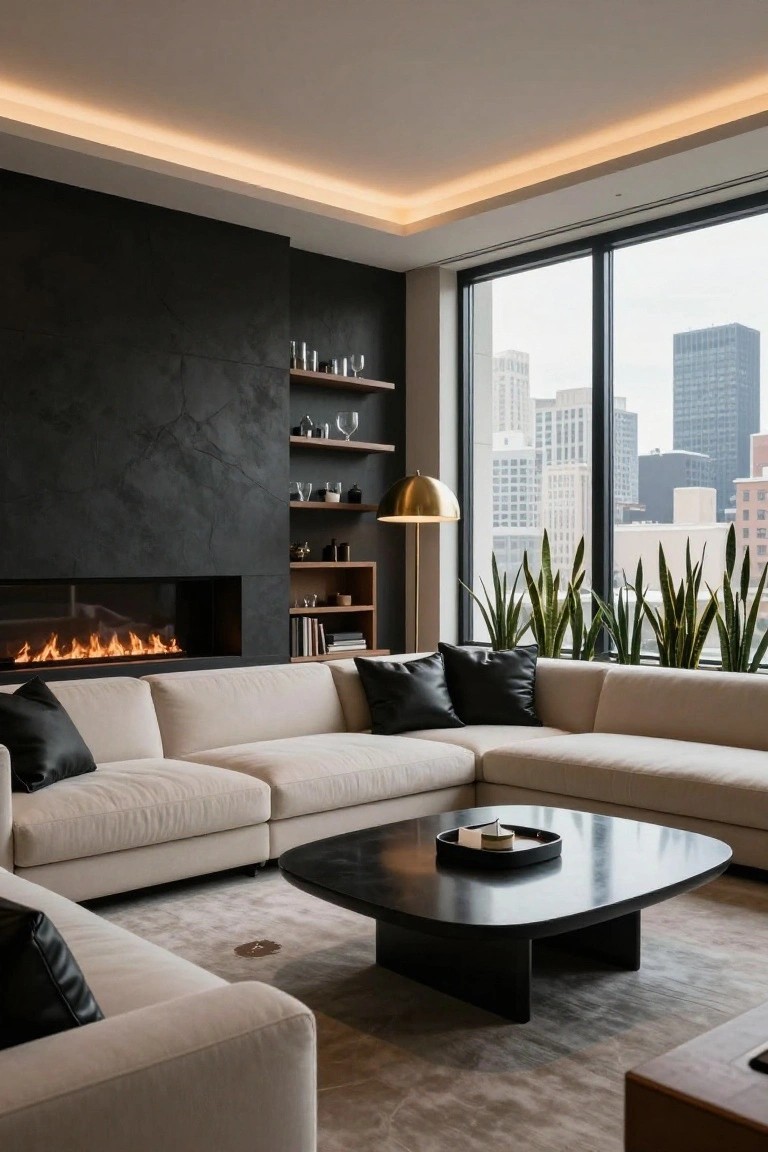 Modern living room featuring a tall black textured accent wall with integrated linear gas fireplace, cream L-shaped sofa with black pillows, low black coffee table, wooden shelves, potted plants near large windows showing city skyline, and LED ceiling lighting.