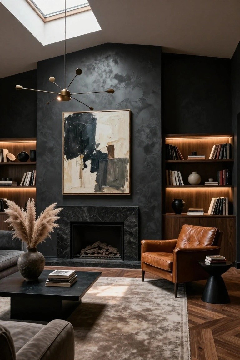High-ceiling living room with dark textured accent wall, built-in wood bookshelves with LED lighting, black marble fireplace, large abstract painting, tan leather armchair, gray sofa, black coffee table, potted pampas grass, and sputnik chandelier.