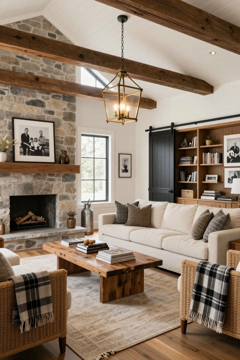 A living room with vaulted white ceilings and exposed dark wooden beams, stone fireplace, cream sectional sofa, wooden coffee table, rattan armchairs with plaid throws, and wood bookshelves with black sliding barn doors.
