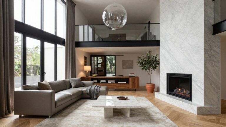 18 Jaw-Dropping Luxury Living Room High Ceiling Designs Modern living room with double-height ceilings, glass mezzanine railing, white marble fireplace wall with fire lit, matching marble coffee table, gray sofa, wood media console, olive tree in terracotta pot, herringbone wood floors, and large sliding glass doors to garden.