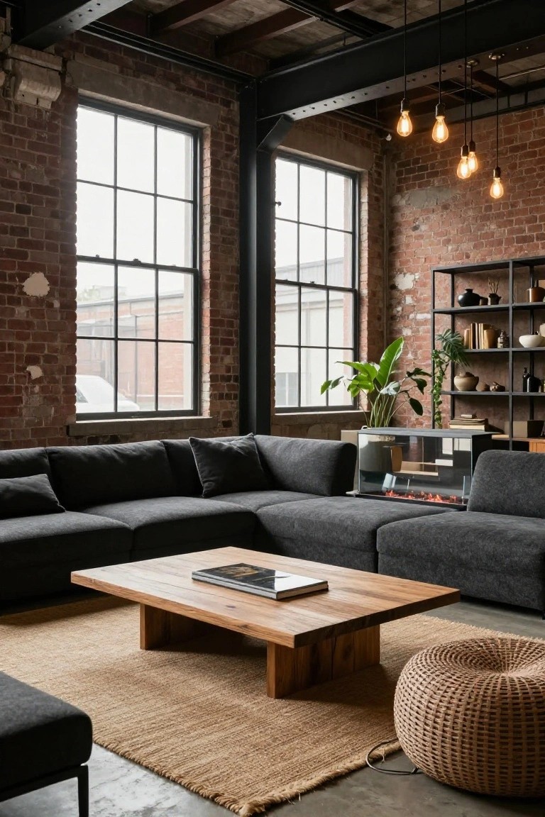 Spacious living room with exposed red brick walls, black metal ceiling beams, large grid windows, low L-shaped dark gray sofa, rectangular wooden coffee table, glass-fronted gas fireplace, pendant lights, and woven pouf on concrete floor.