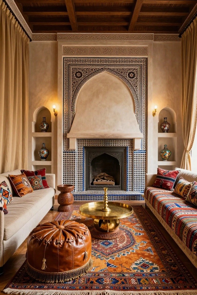 Luxurious living room interior with high wooden-beamed ceiling, large arched stucco fireplace surrounded by blue-and-white zellige tiles, low beige sofas with colorful pillows, brass table, leather pouf, and patterned rug.