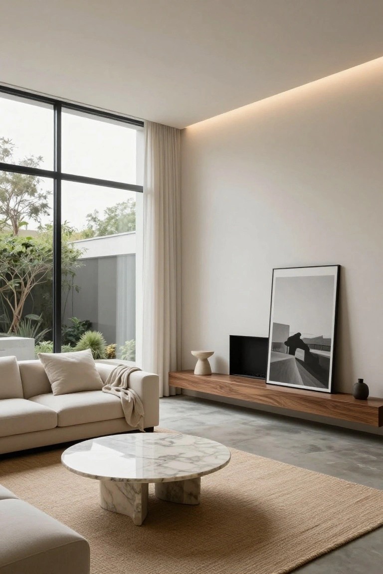 Modern living room featuring high ceilings with recessed edge lighting, beige sofa with throw blanket, white marble coffee table on beige rug, wooden wall-mounted media unit with TV, large black-framed windows showing garden outside, and polished concrete floor.