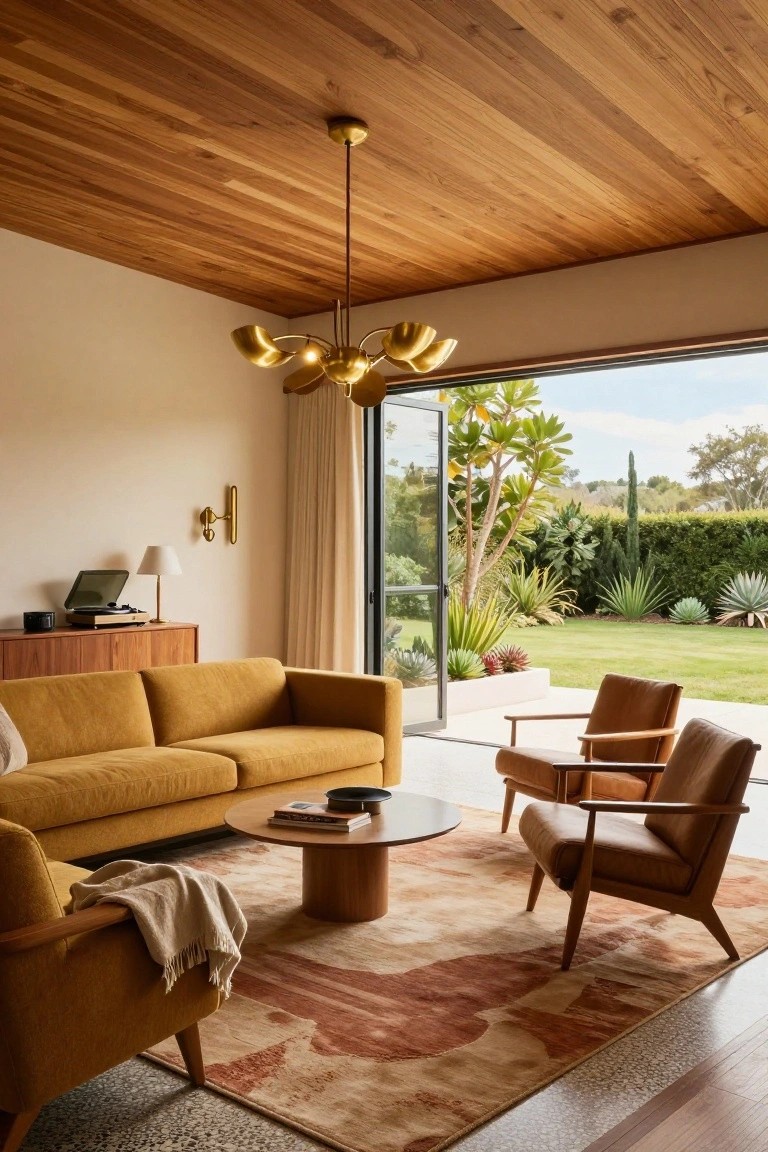 A living room with high wooden plank ceiling, mustard yellow sofa, tan leather armchairs, round wooden coffee table on abstract rug, record player cabinet, and open sliding doors to garden with palms and succulents.