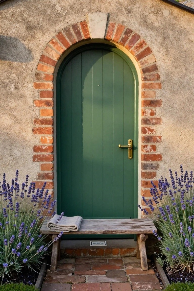 Green arched wooden door with brass handle in red brick arch on beige rendered wall, flanked by lavender plants and weathered wooden bench with folded beige cloth in front on brick path.
