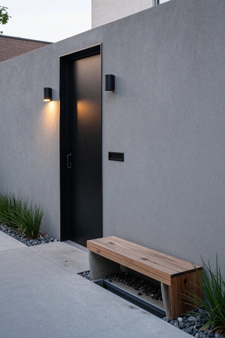 Gray stucco wall with black front door, flanked by two black cylinder wall lights, wooden bench built into concrete base with pebbles and grasses nearby on paved path.