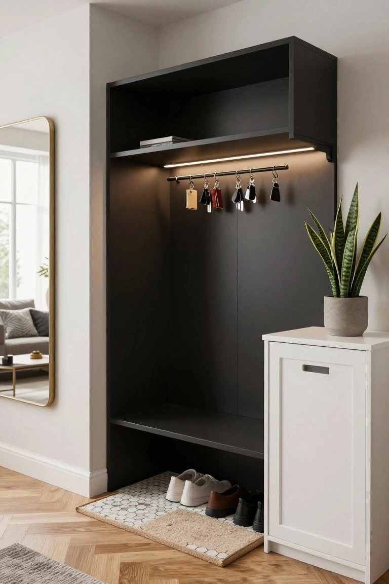 A black built-in wall cabinet in a modern entryway with upper shelf, LED-lit key hooks, lower bench holding shoes, next to a white cabinet and potted snake plant on parquet flooring.