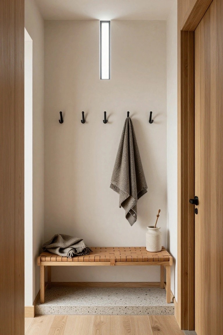 Narrow interior entry alcove with light oak walls and trim, five black wall hooks above a woven oak bench with folded gray blanket, gray towel draped on one hook, white ceramic vase with dried branch next to bench, wooden doors on sides, terrazzo base, and light oak flooring.