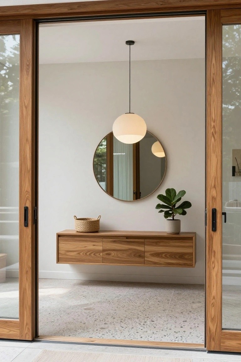 Modern entryway featuring open wooden sliding doors, a floating wooden console table with drawers and a woven basket on top, round gold-framed mirror, potted fiddle leaf fig plant, pendant light, and terrazzo tile floor.