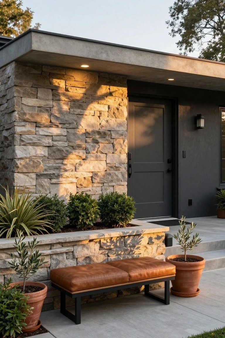 Modern house entrance featuring a tan leather bench on black metal legs next to concrete steps, flanked by potted olive trees and agave plants, with a dark wood front door, stone wall, and concrete overhang.