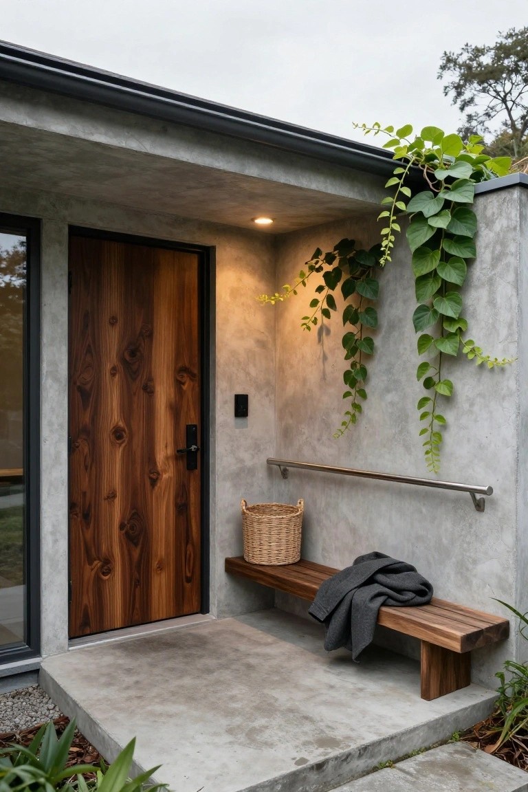 Modern house front entrance with dark wood door beside glass panel in concrete wall, climbing green vines on wall, stainless steel handrail, wood slat bench with gray blanket and wicker basket on concrete stoop.