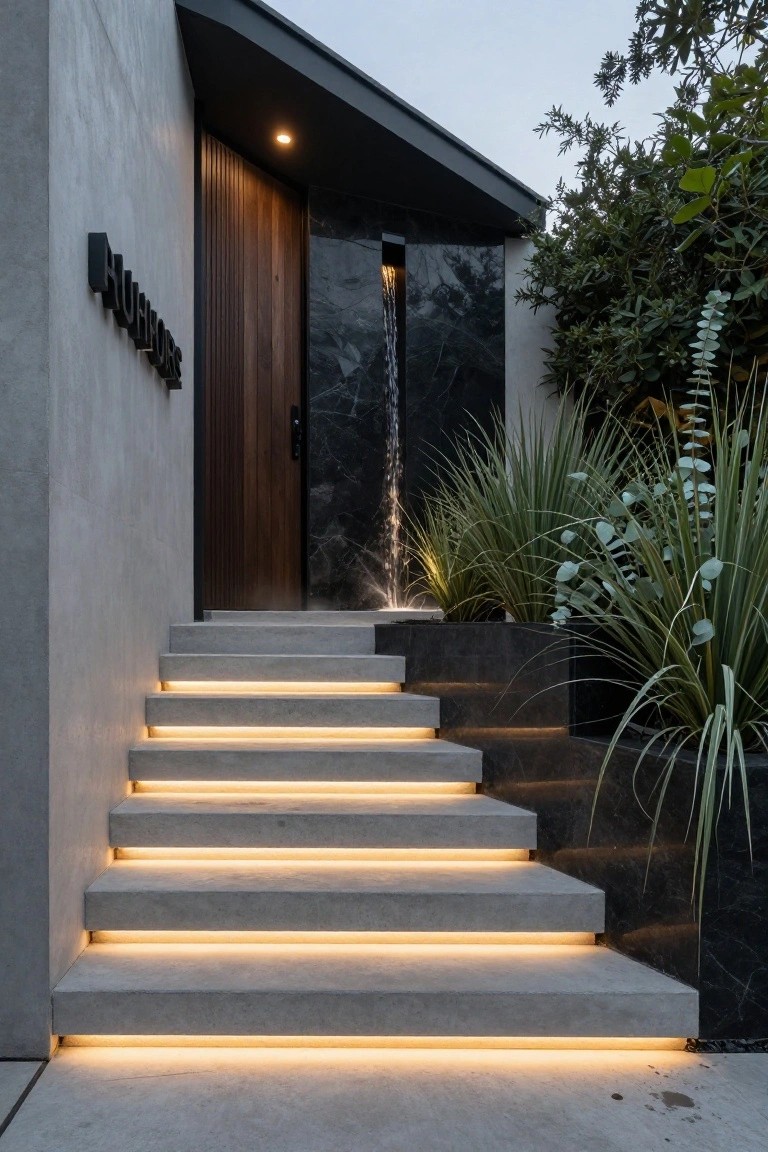 Modern concrete stairs with glowing lights lead to a wooden door and cascading water feature.