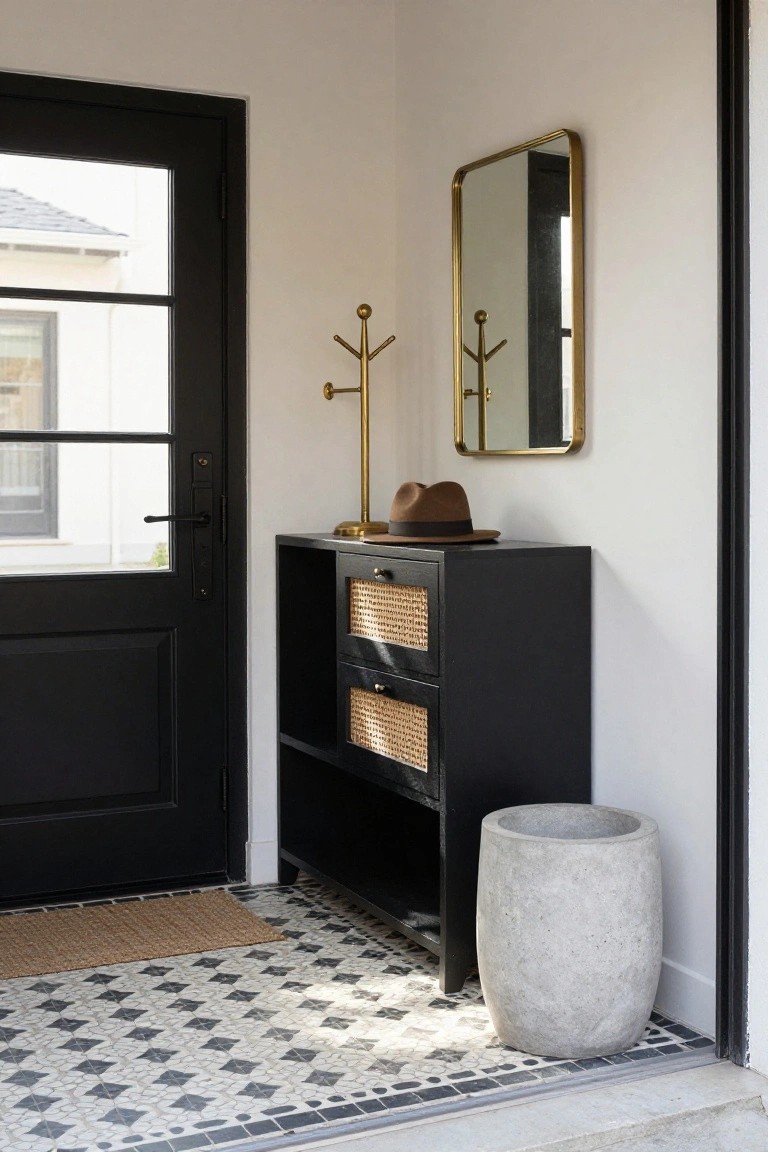 Modern entryway interior with black front door, gold-framed round mirror on white wall, black console cabinet with rattan drawer fronts, gold hat rack holding brown hat, seagrass doormat, and black-and-white patterned tile floor.