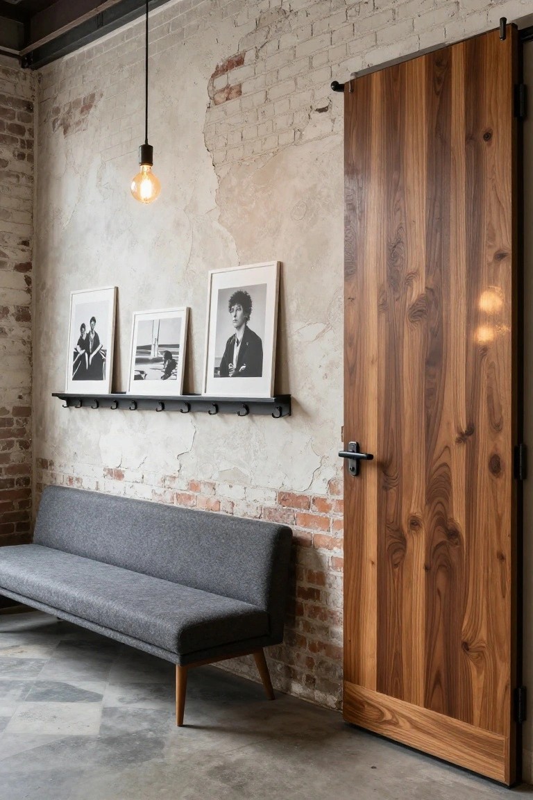 Modern entry interior with exposed brick walls, gray fabric bench on tapered wood legs, black metal wall shelf with coat hooks and three black-and-white photo frames, and large walnut sliding door.
