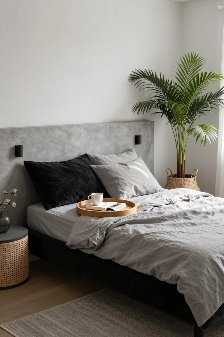 Modern bedroom corner with black bed frame, gray textured headboard, black and gray pillows, rumpled gray sheets, wooden tray with teacup and book on bed, rattan side table with vase, tall potted palm plant in seagrass basket, white walls, hardwood floor, and area rug.