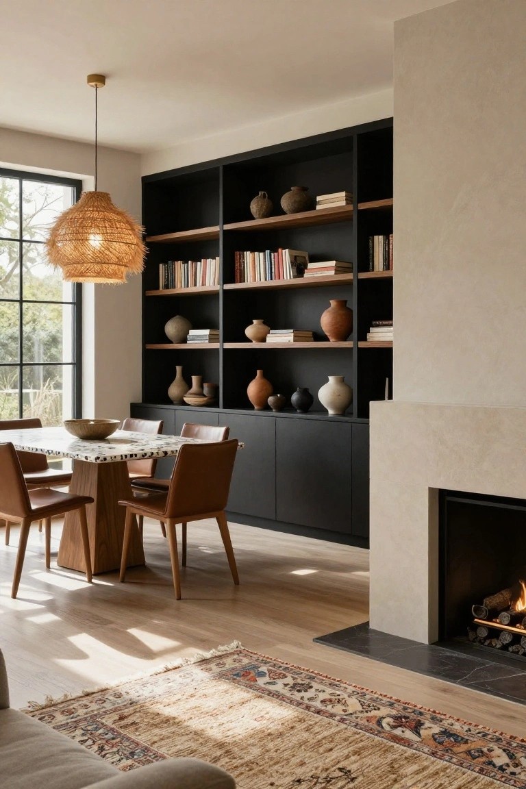 Modern dining room featuring tall black built-in shelving filled with books and ceramic vases, a round white-veined wood dining table with four tan leather chairs, woven rattan pendant light, beige stone fireplace with fire, Persian rug, and large window with trees outside on light wood floors.