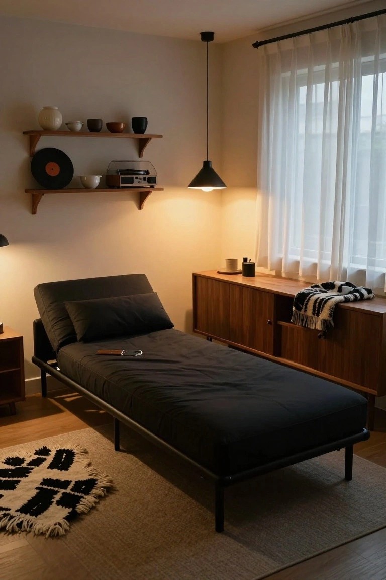 Black metal-framed daybed with dark gray bedding and pillows in a minimalist room featuring wooden shelves with ceramics and records, a credenza window seat with a striped blanket, and sheer curtains over windows.
