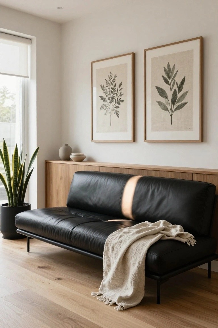 Black Sofa Against Warm Wood Paneling