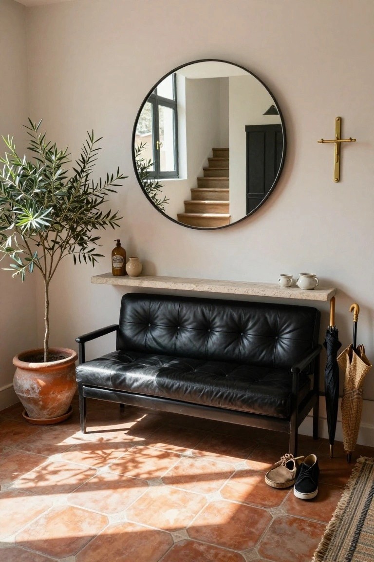 Entryway corner with black tufted leather sofa on black metal frame, large round black-framed mirror reflecting wooden stairs, potted olive tree, stone shelf holding soap bottle jars and ceramic cups, black umbrellas, and pair of shoes on terracotta tile floor.