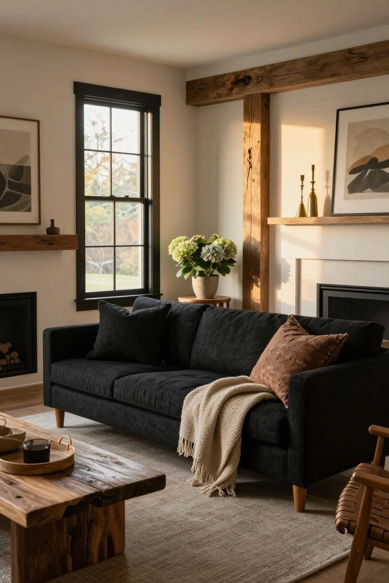 Living room with black upholstered sofa on light rug, wood coffee table holding tray and glass, white hydrangea bouquet, black fireplace, black-framed window showing trees outside, exposed wood beams and shelves on white walls.