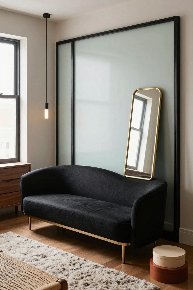 Curved black velvet sofa with brass legs in a modern living room featuring a wooden dresser, tall gold-framed mirror, frosted glass partition, pendant light, white rug, and stacked boxes on oak flooring.